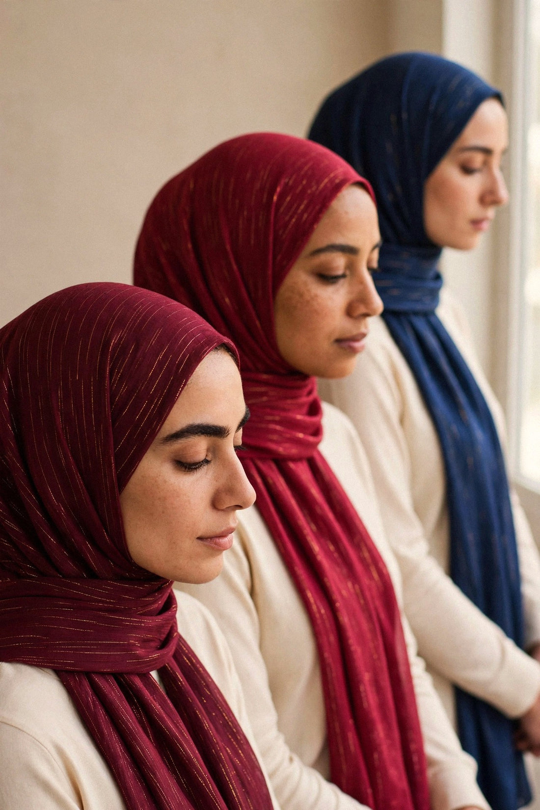 Three women in profile wearing Deep Maroon and Maroon Timeless Edition hijabs and an Ink Blue Chrome hijab