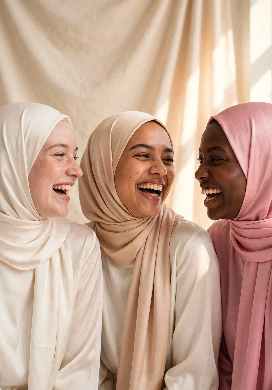 Three women laughing together in Pearl, Champagne and Rose Pink Satin Sheen hijabs