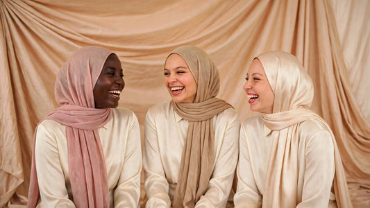Three women laughing together in Tea Pink and Nude Gold Timeless Edition hijabs and a Champagne Satin Sheen hijab — the Wedding Edit at Concealed Muslimah