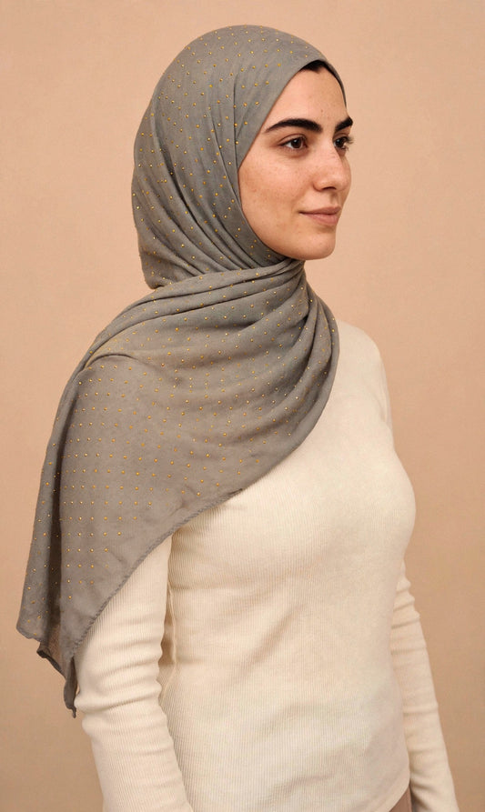 Ash Grey - Opera Hijab worn by a model — shoulder drape view