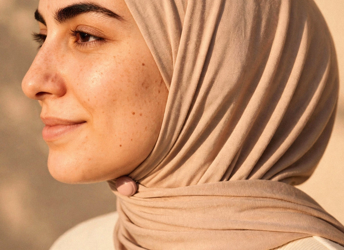 Assorted Hijab Magnets shown fastening a hijab under the chin