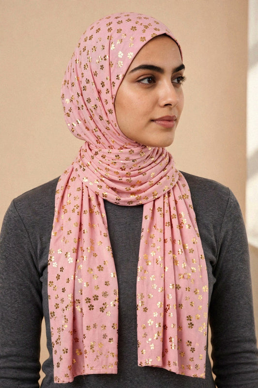 Model wearing the Baby Pink - Floral Imprints Hijab