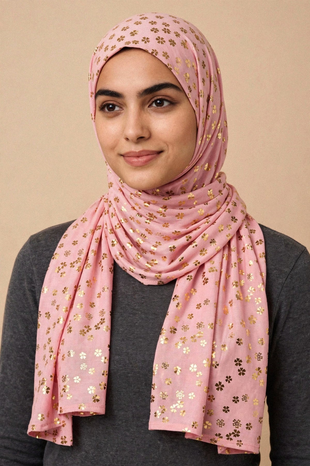 Model wearing the Baby Pink - Floral Imprints Hijab