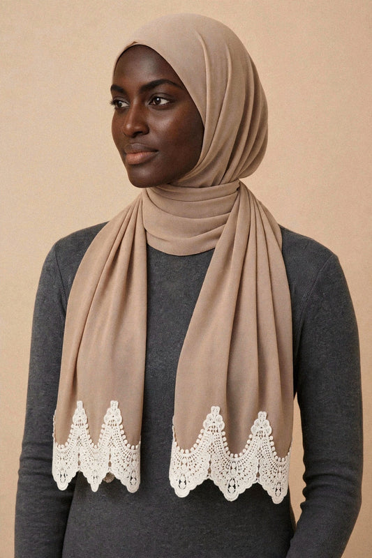 Beige Lace Edge Hijab on model