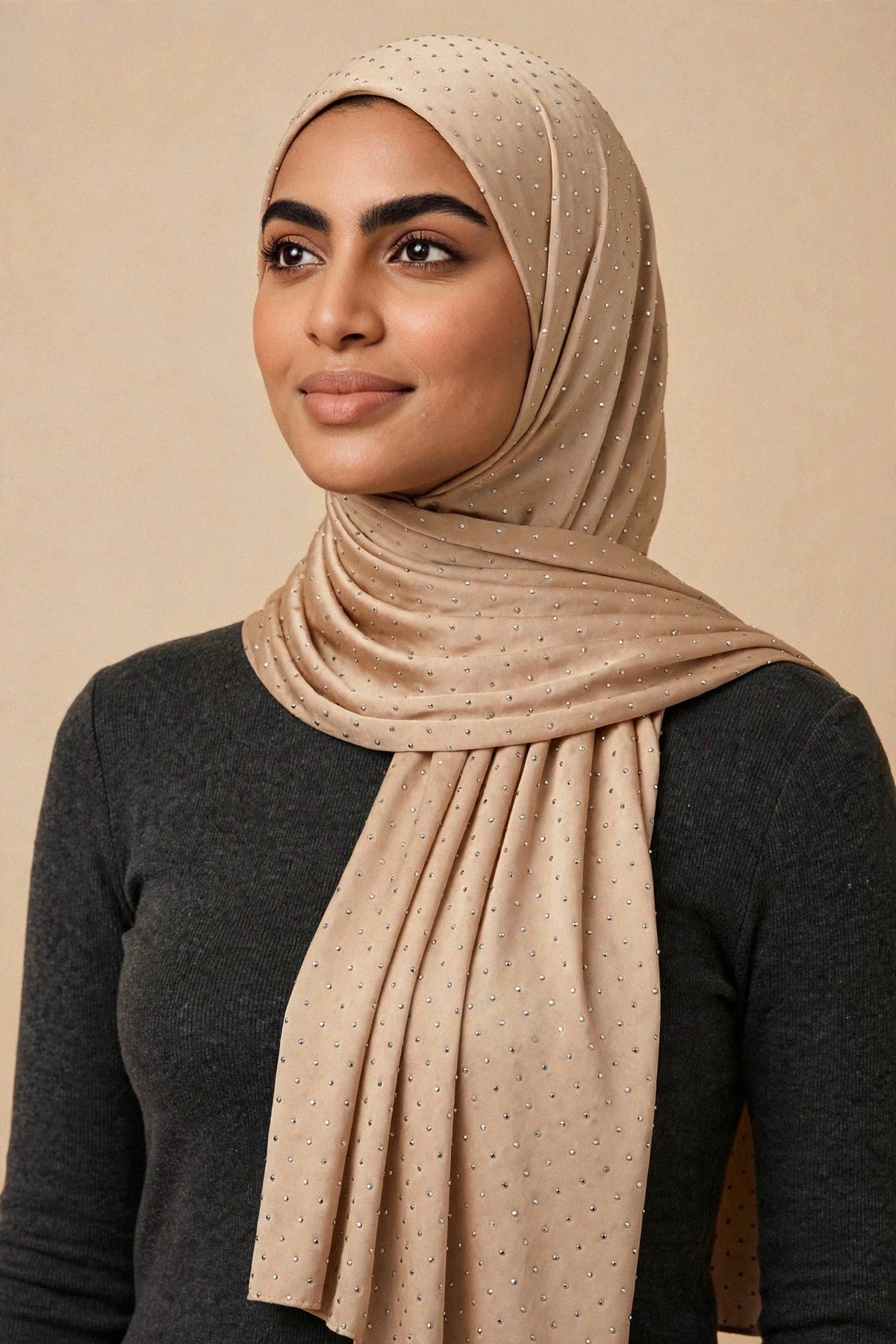 Beige silken diamonds hijab fabric shown draped - Concealed Muslimah