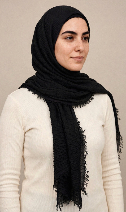 Model wearing the Black crimple hijab - Concealed Muslimah