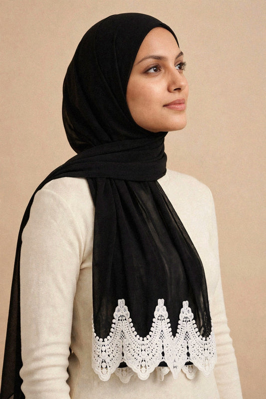 Black Lace Edge Hijab on model