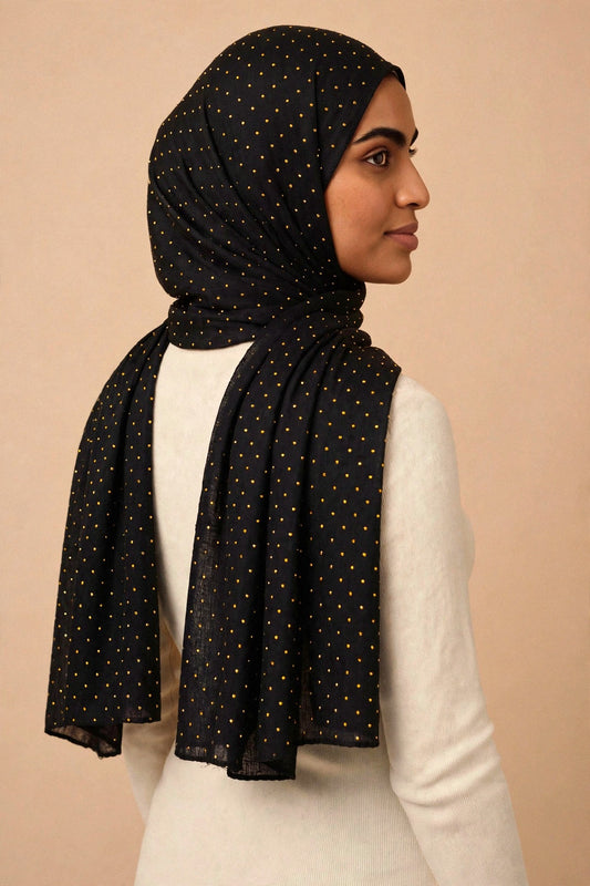 Black - Opera Hijab worn by a model — shoulder drape view