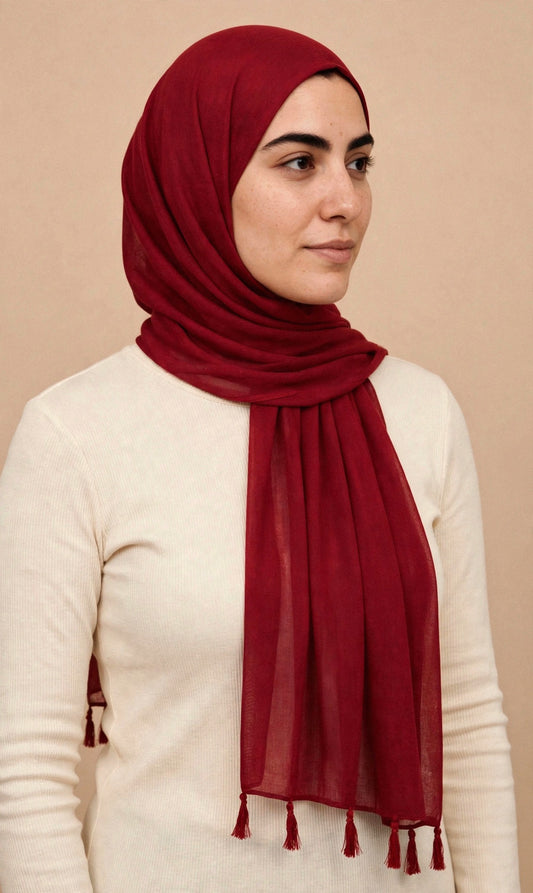 Blood Red Tassels Hijab on model