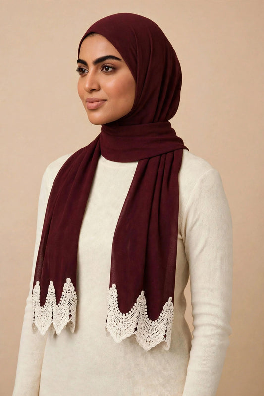 Burgundy Lace Edge Hijab on model