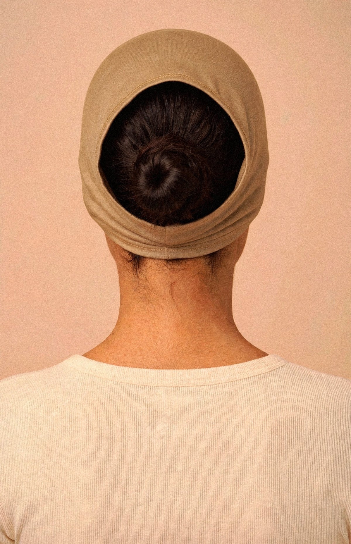 Camel - Barely On Underscarf worn by a model — back view