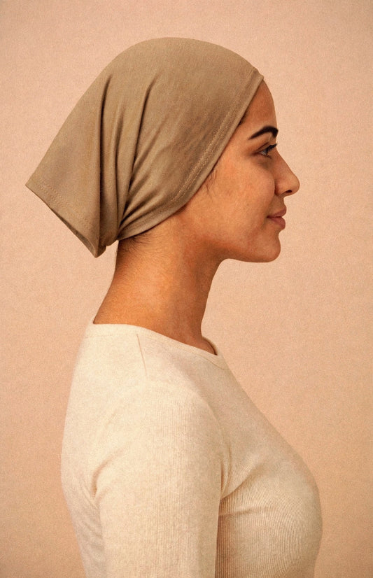 Camel - Barely On Underscarf worn by a model — side view