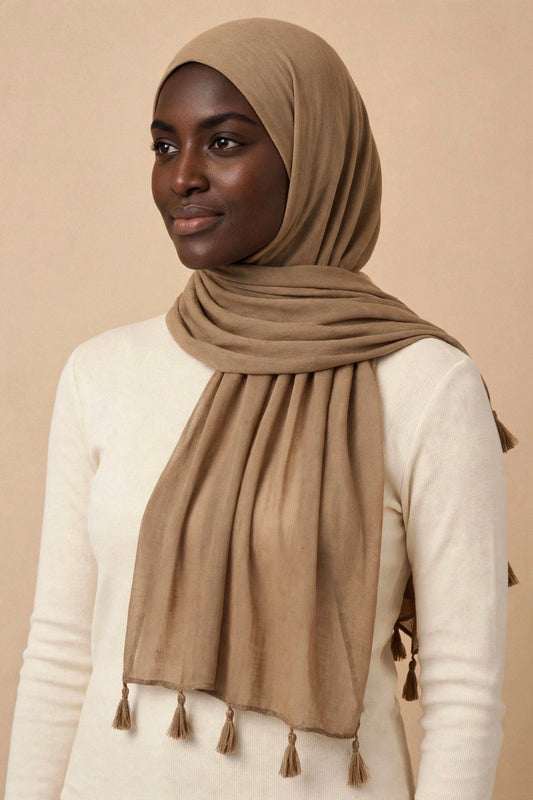 Camel Beige Tassels Hijab on model