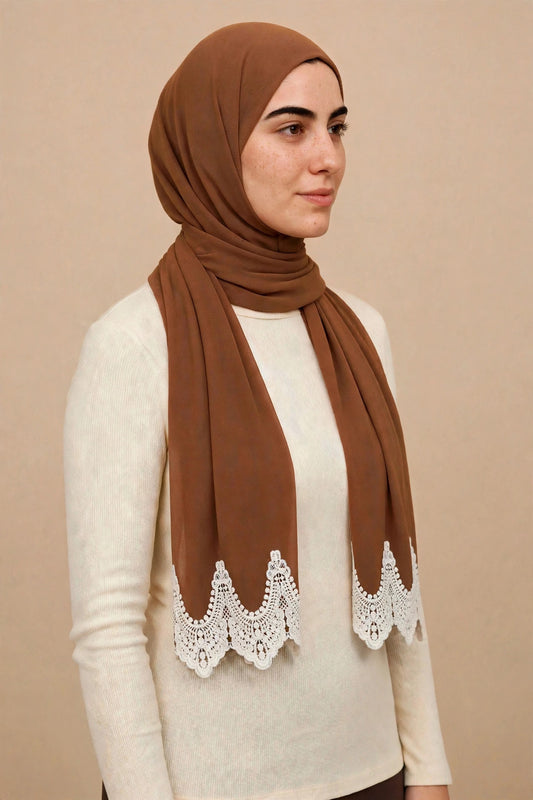 Camel Lace Edge Hijab on model