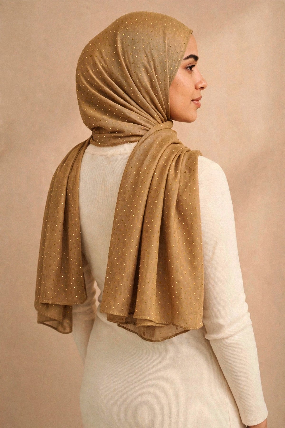 Camel - Opera Hijab worn by a model — shoulder drape view