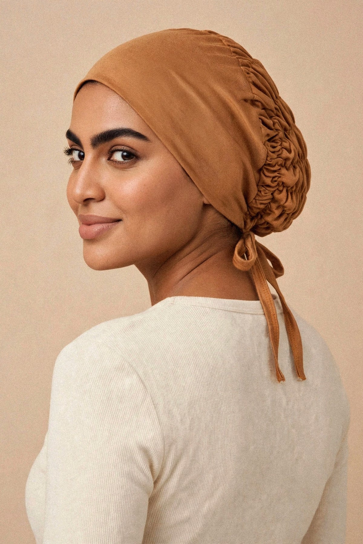 Model wearing the Camel - Tie-Back Underscarf