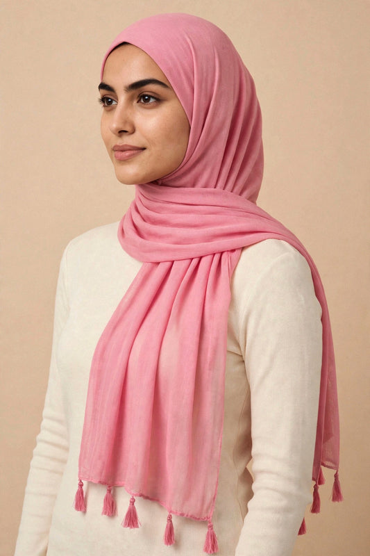 Candy Pink Tassels Hijab on model