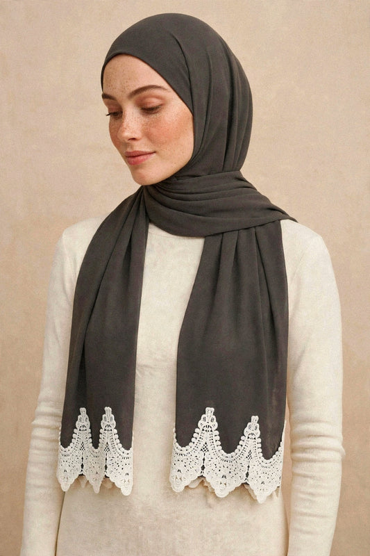 Charcoal Lace Edge Hijab on model