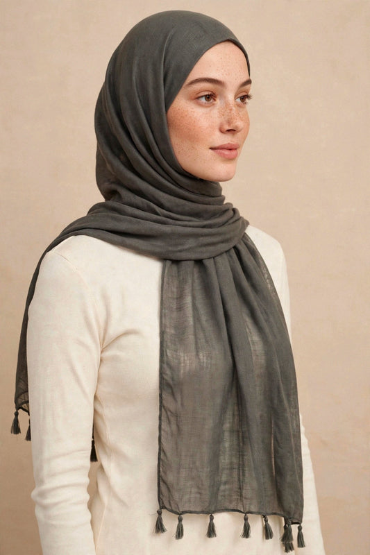 Charcoal Tassels Hijab on model