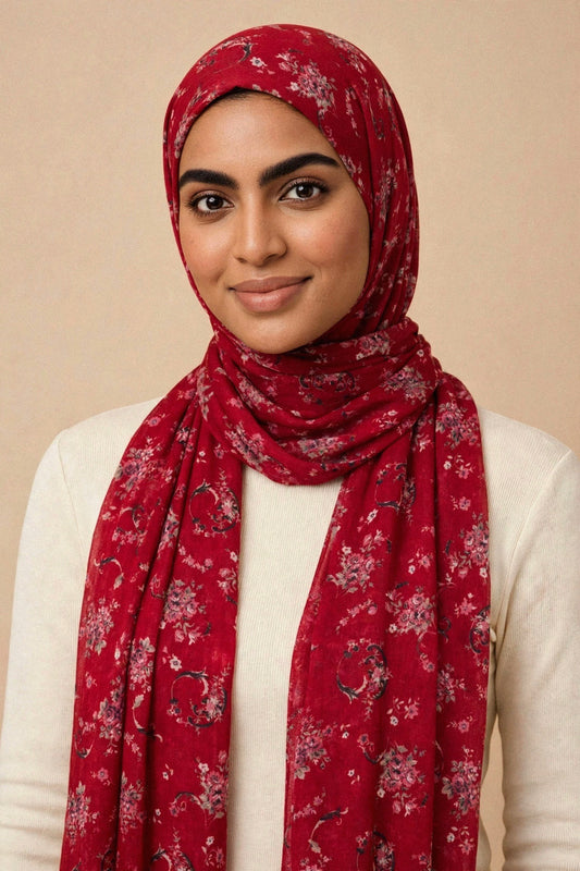 Model wearing the Cherrywood - Printed Era Hijab