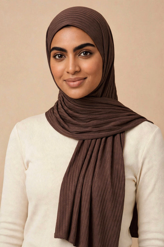 Model wearing the Chestnut ribbed jersey hijab styled with a cream top - Concealed Muslimah