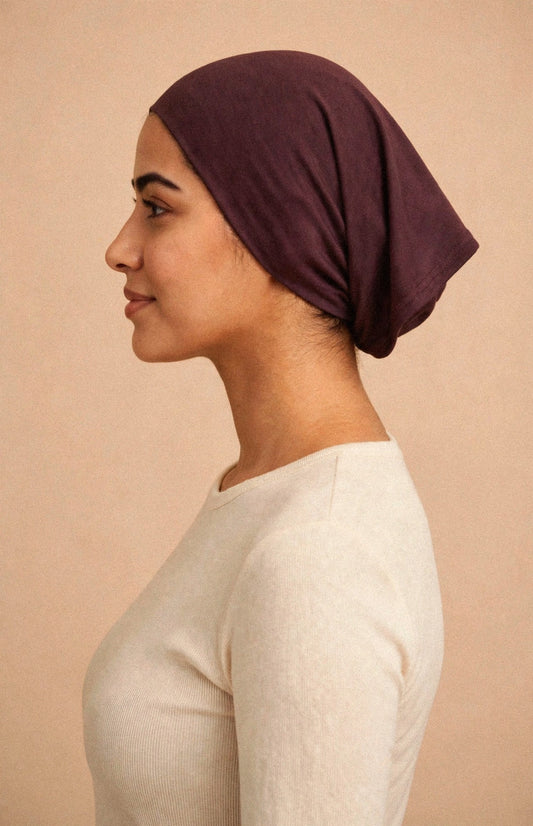 Chocolate - Barely On Underscarf worn by a model — side view