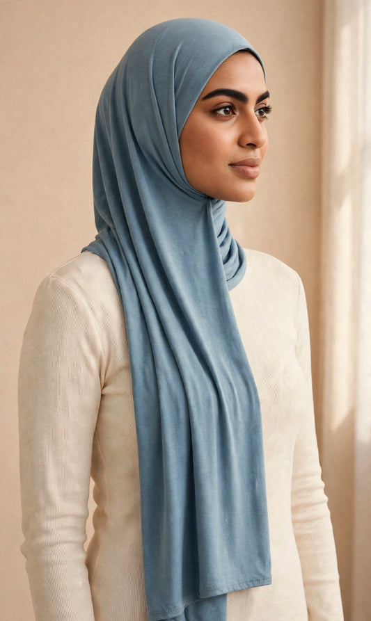 Model wearing the Cinderella premium jersey hijab styled with a cream top - Concealed Muslimah