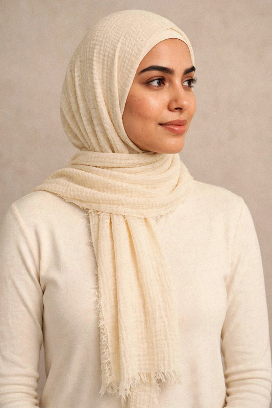 Model wearing the Cream crimple hijab - Concealed Muslimah
