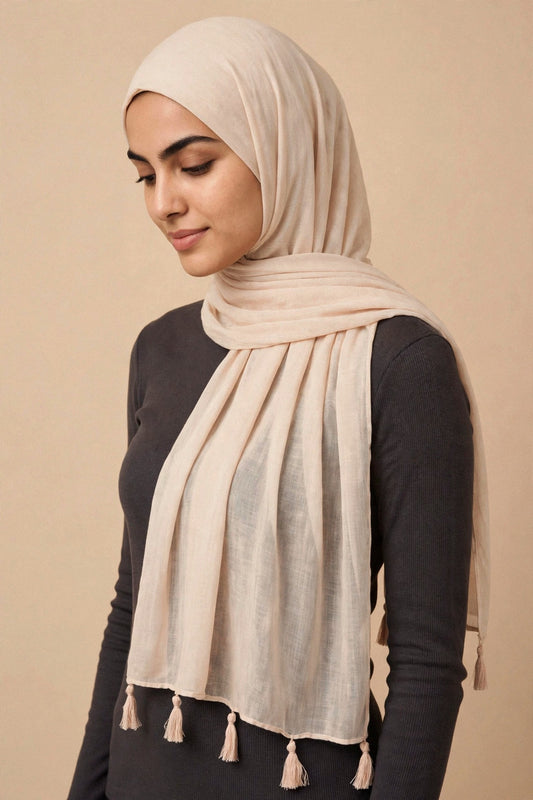 Cream Nude Tassels Hijab on model