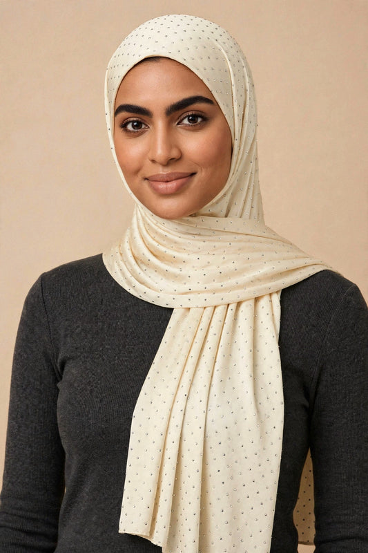 Model wearing the Cream silken diamonds hijab styled with a charcoal top - Concealed Muslimah