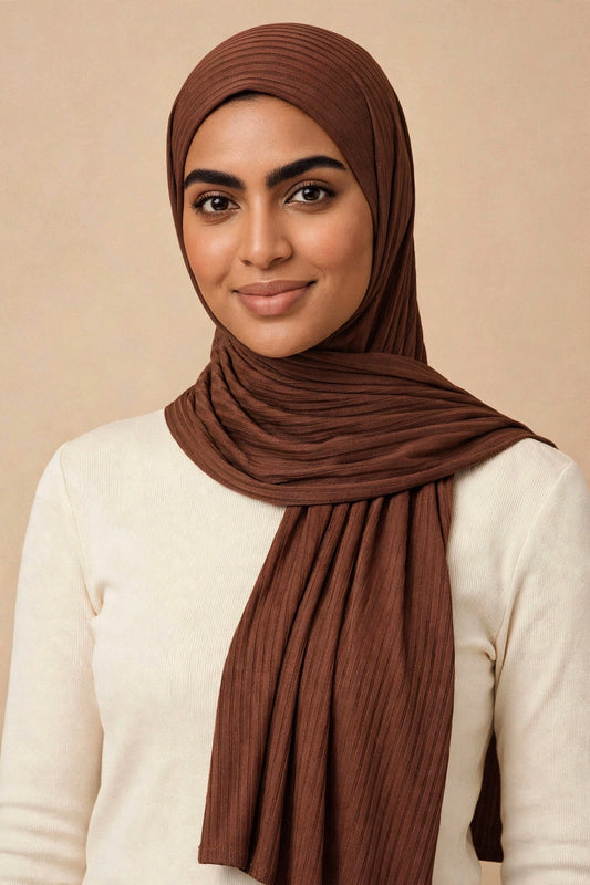 Model wearing the Dark Cinnamon ribbed jersey hijab styled with a cream top - Concealed Muslimah