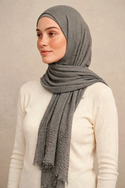 Model wearing the Dark Grey crimple hijab - Concealed Muslimah
