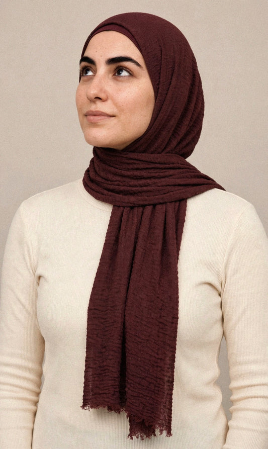Model wearing the Deep Burgundy crimple hijab - Concealed Muslimah