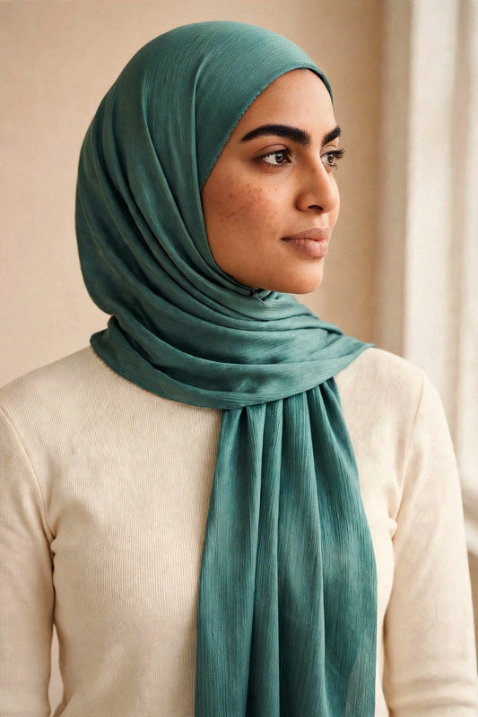 Model wearing the Deep Olive chrome hijab styled with a cream top - Concealed Muslimah