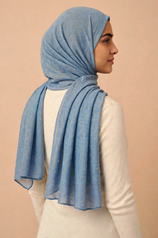 Denim - Opera Hijab worn by a model — shoulder drape view