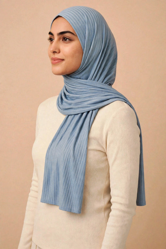 Model wearing the Denim ribbed jersey hijab styled with a cream top - Concealed Muslimah