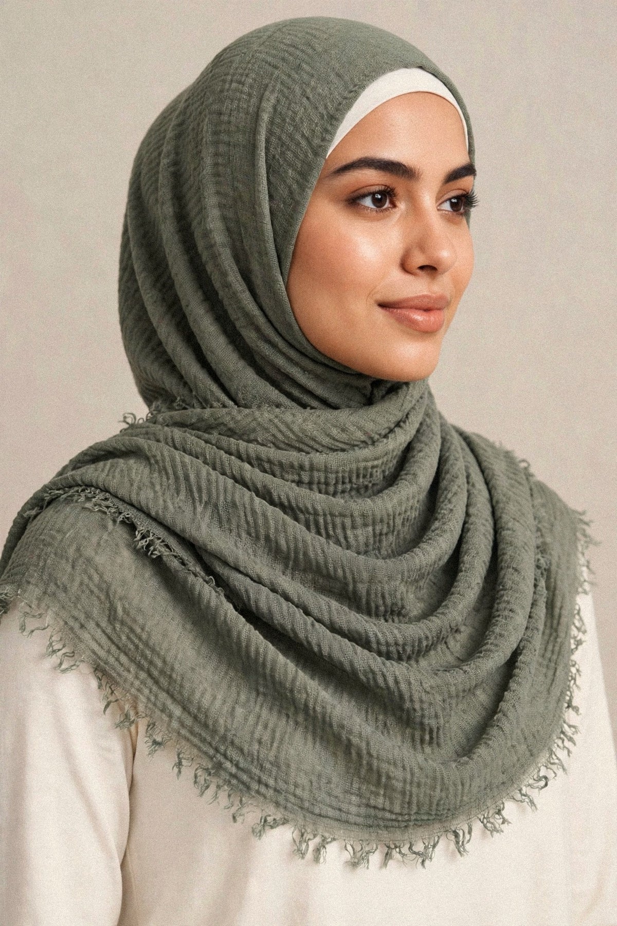 Model wearing the Elephant Grey crimple hijab - Concealed Muslimah