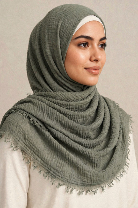 Model wearing the Elephant Grey crimple hijab - Concealed Muslimah