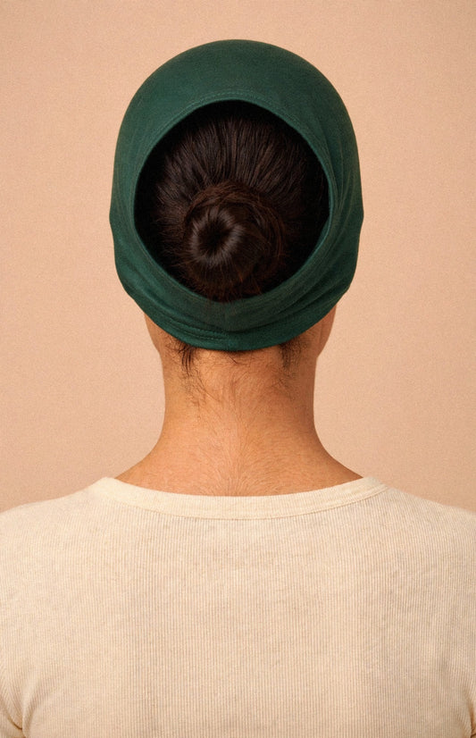 Emerald Green - Barely On Underscarf worn by a model — back view