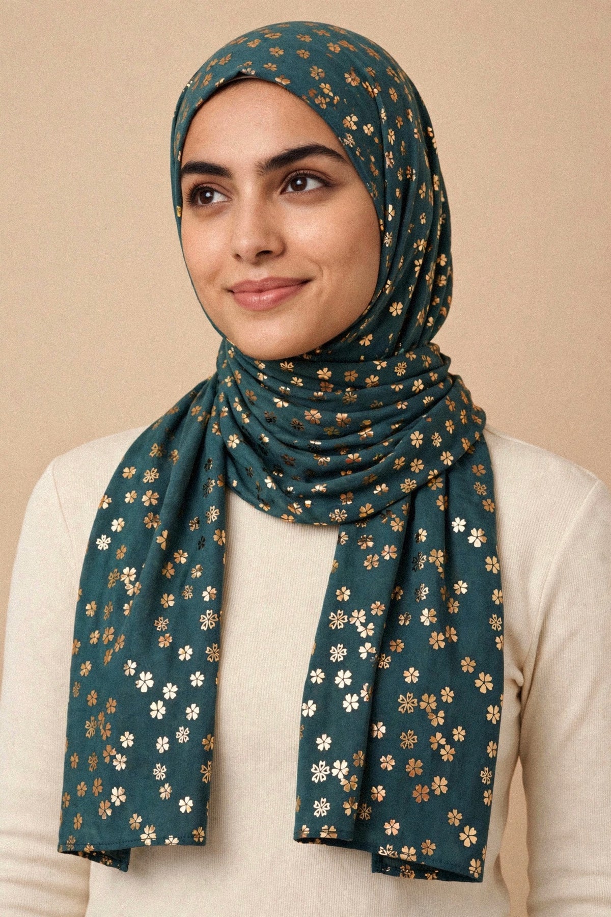 Model wearing the Emerald Green - Floral Imprints Hijab