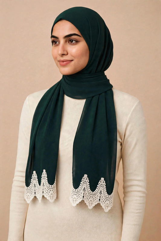 Emerald Green Lace Edge Hijab on model