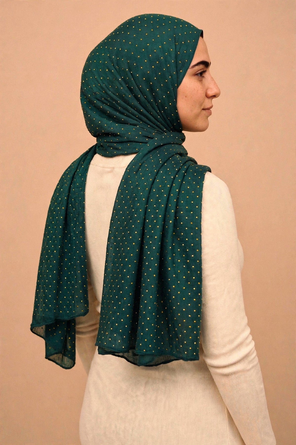 Emerald Green - Opera Hijab worn by a model — shoulder drape view