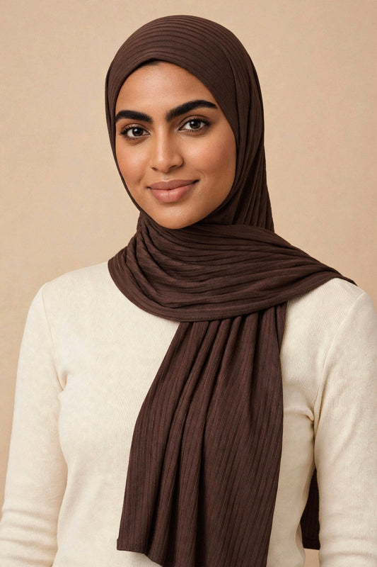 Model wearing the Espresso ribbed jersey hijab styled with a cream top - Concealed Muslimah