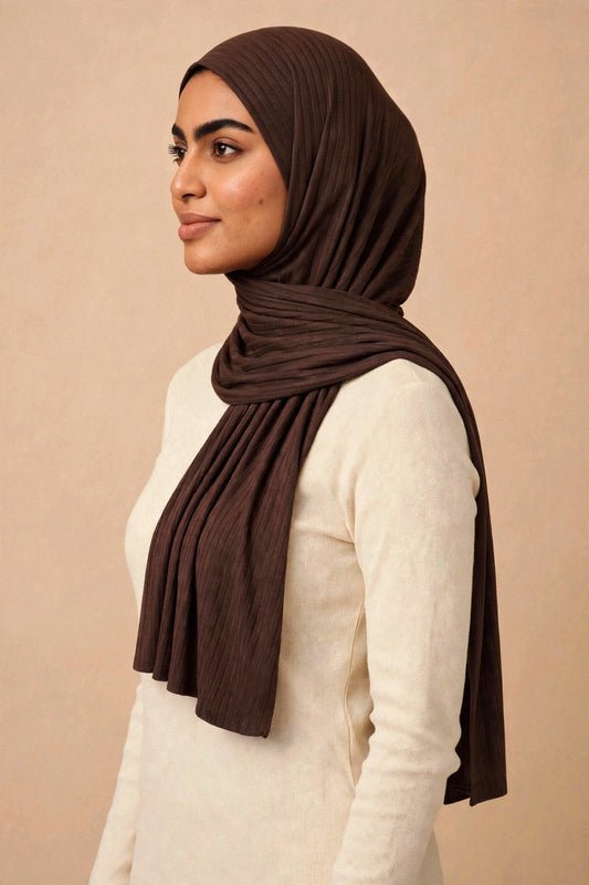 Model wearing the Espresso ribbed jersey hijab styled with a cream top - Concealed Muslimah