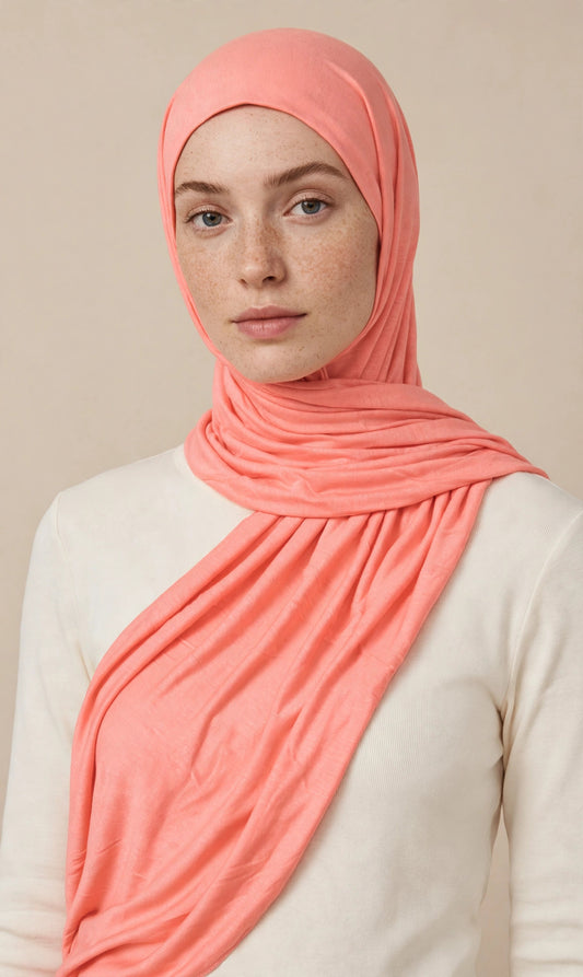 Model wearing the Flamingo premium jersey hijab styled with a cream top - Concealed Muslimah
