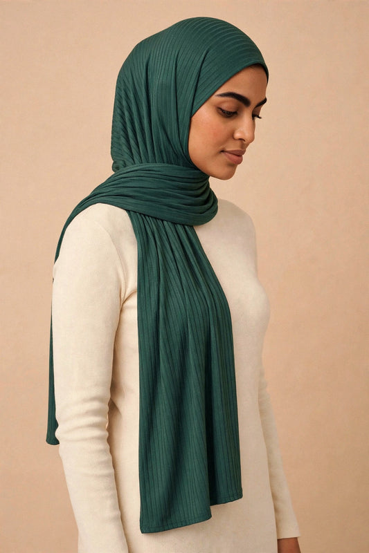 Model wearing the Forest ribbed jersey hijab styled with a cream top - Concealed Muslimah