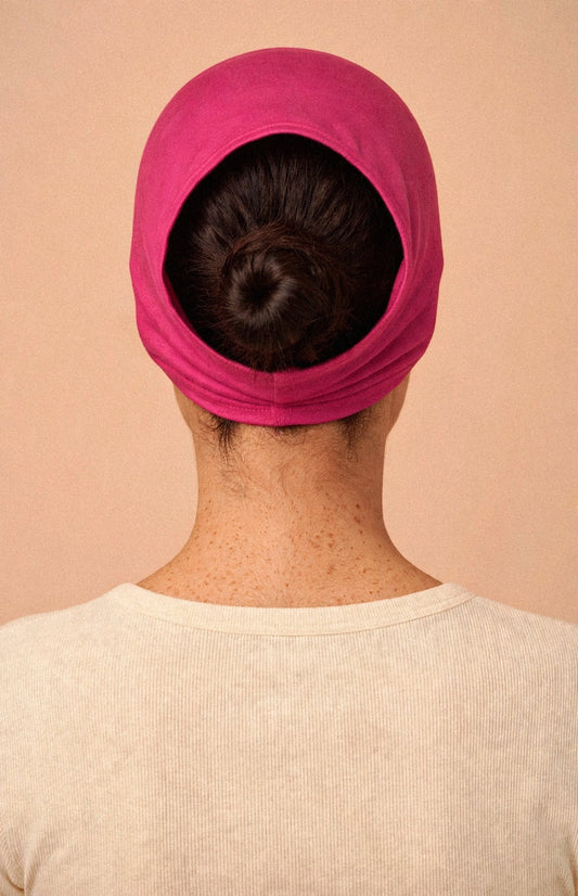 Fuchsia - Barely On Underscarf worn by a model — back view