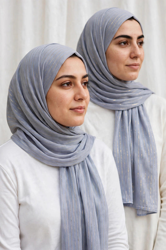 Models wearing the Grey timeless edition hijab styled with white tops - Concealed Muslimah