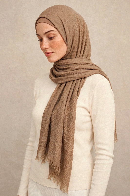Model wearing the Hazelnut Nude crimple hijab - Concealed Muslimah