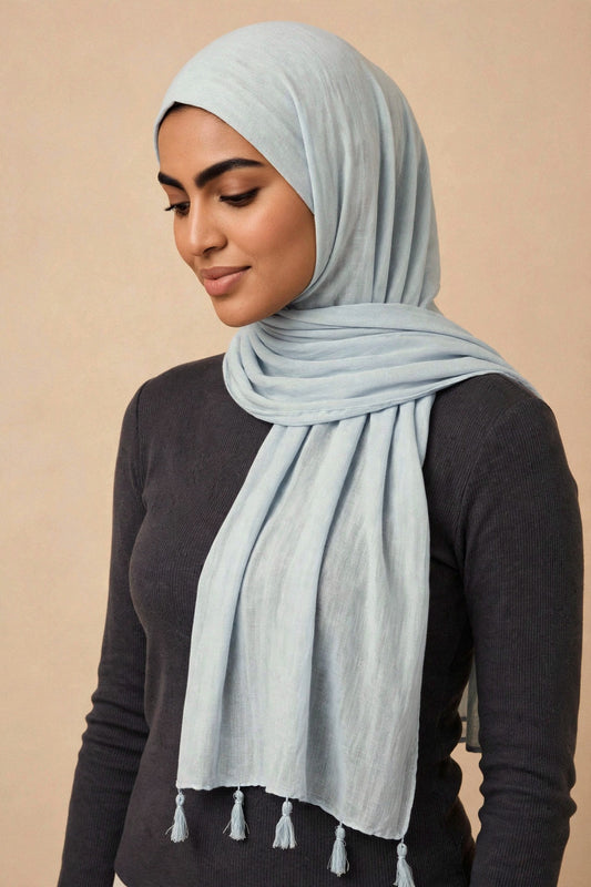 Ice Blue Tassels Hijab on model